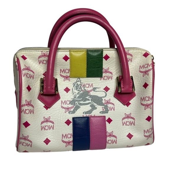 MCM Handbags - Vintage MCM White and Pink Visetos Leather Lion Boston Bag.